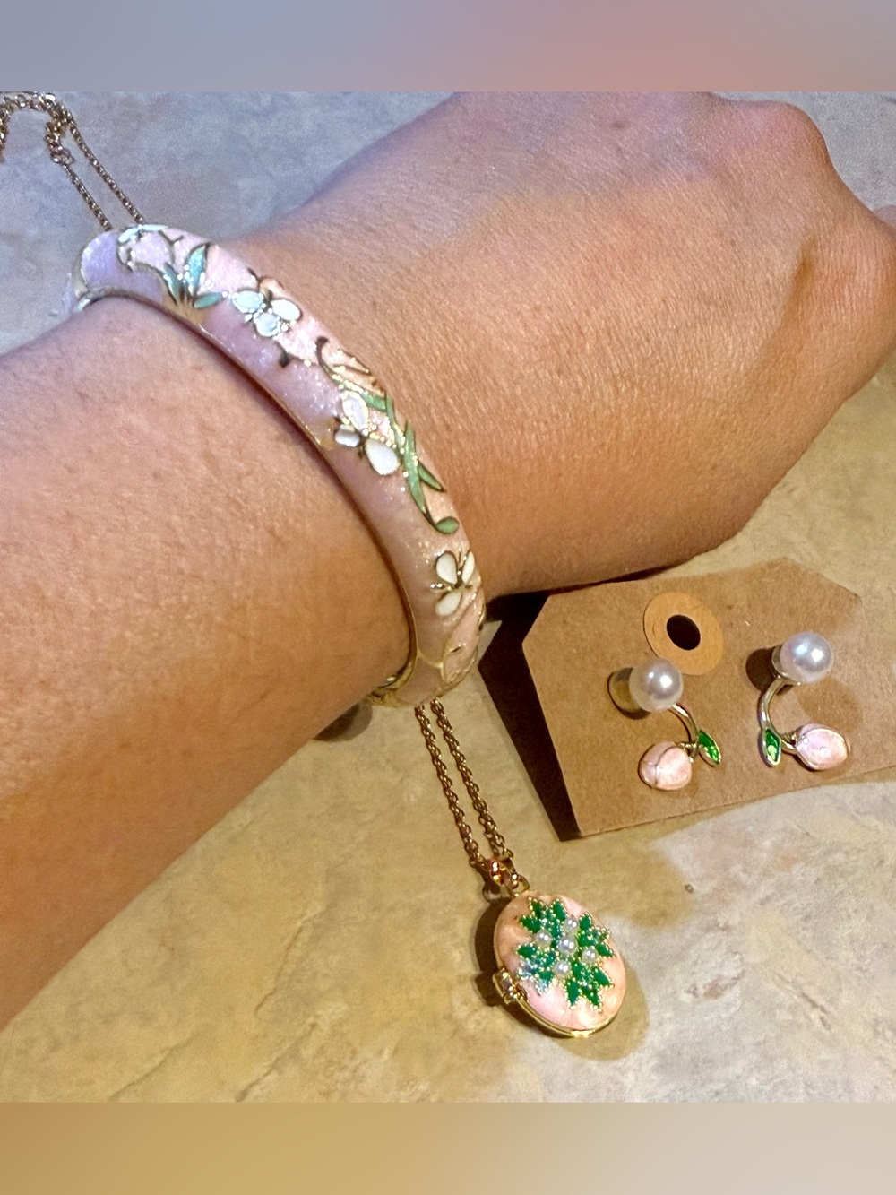 Pink Floral Enamel Bangle Bracelet - Women's Jewelry